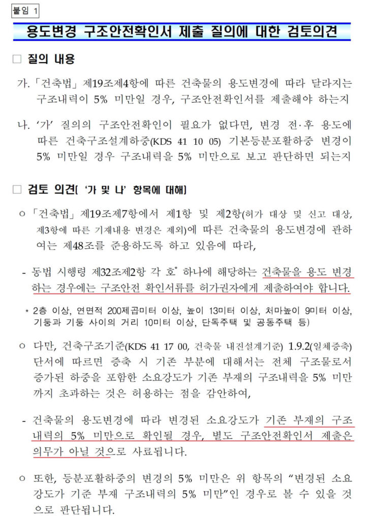 용도변경 구조안전확인 회신의견